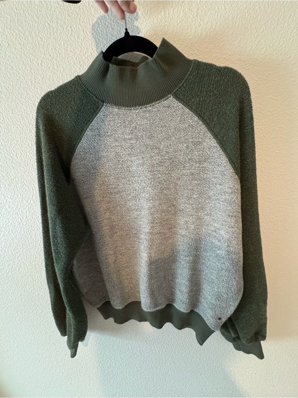 PrAna Mock Neck Contrast Raglan Sweater in Olive and Heather Gray
